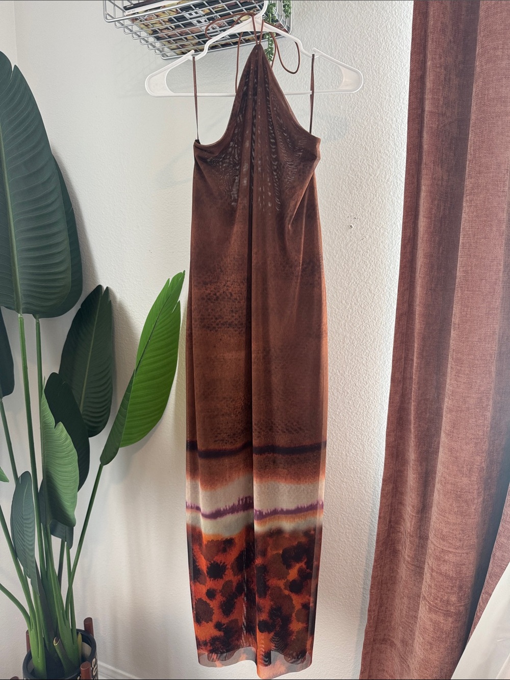 Zara Brown printed mesh halter midi Dress